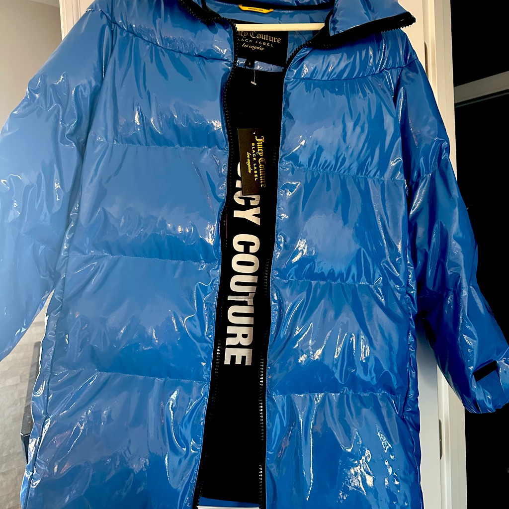 Juicy Couture Vinyl Women’s Long Glossy Puffer Blue Coat Size Small Nwt